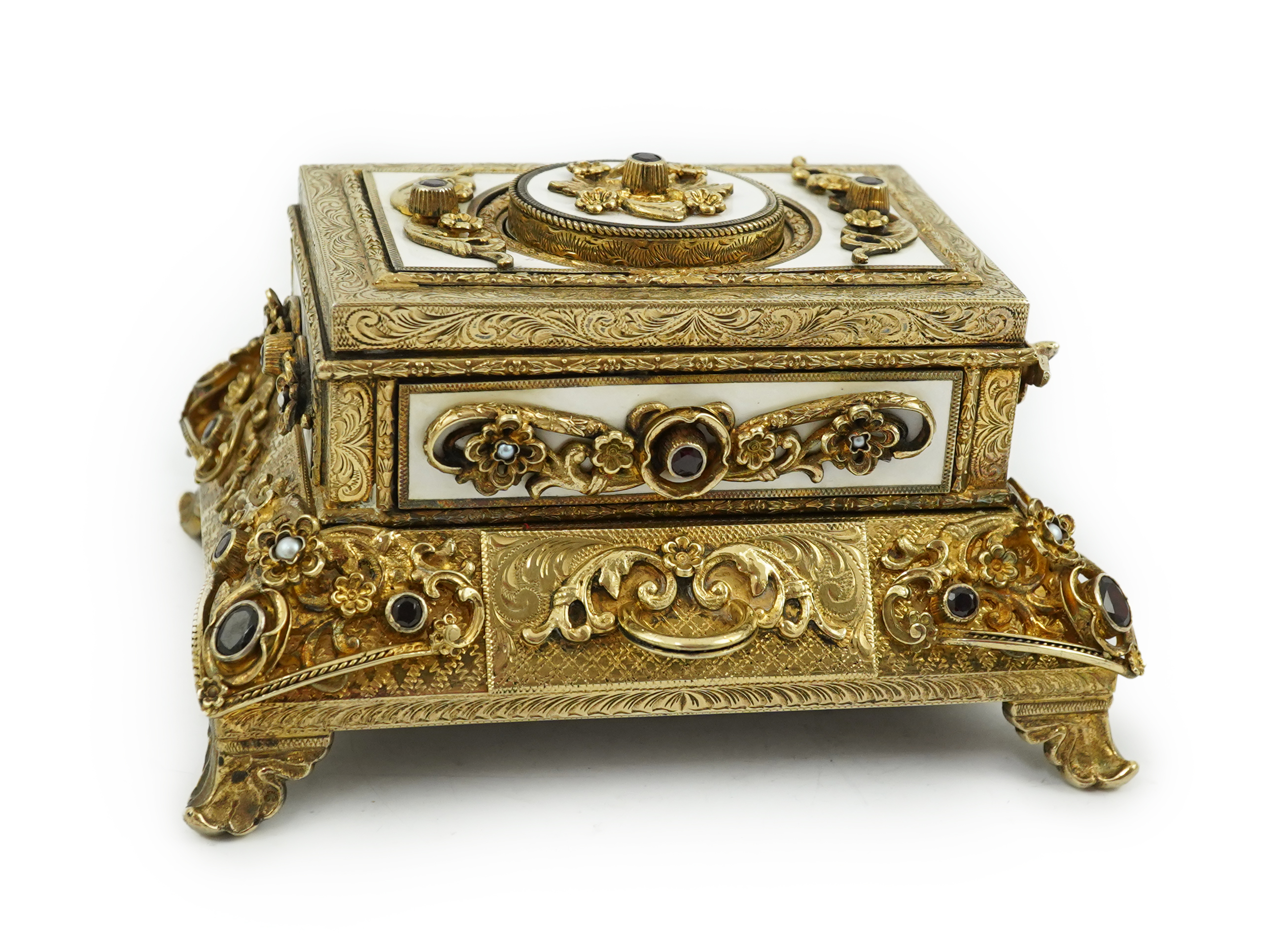 A late Karl Griesbaum Model 17 silver gilt, white enamel, garnet and cultured pearl set automaton singing bird box